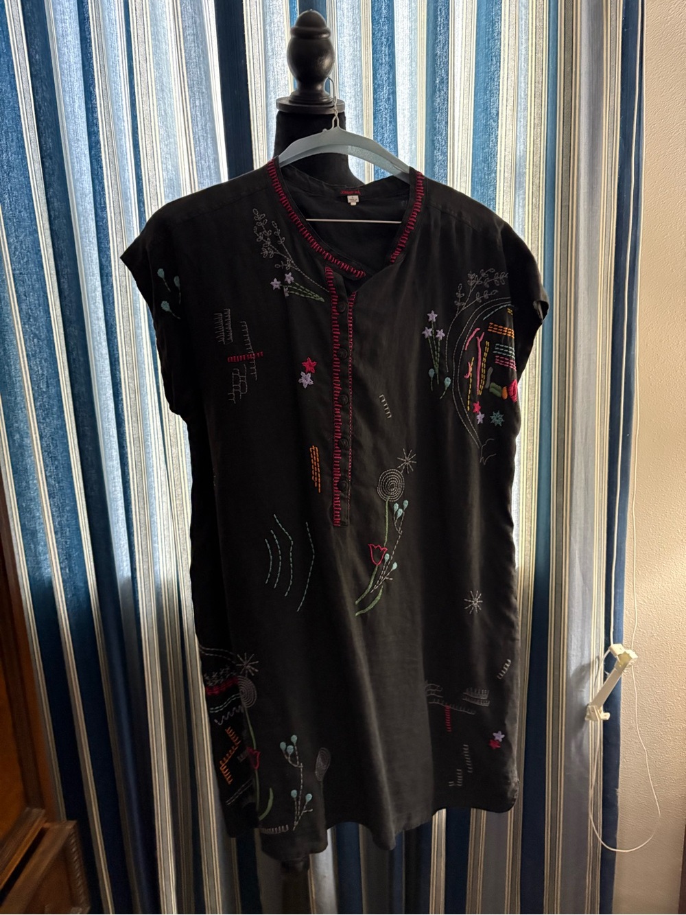 Johnny Was Black Embroidered Midi Dress with Multicolor Accents